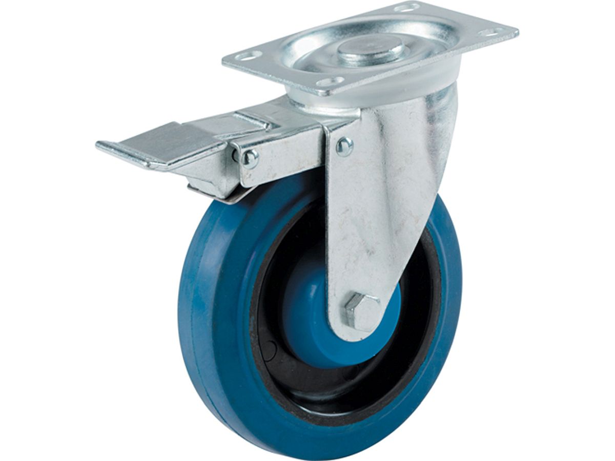 4-Inch Swivel Plate Elastic Blue Rubber Caster with Brake, 265-lb Load Capacity