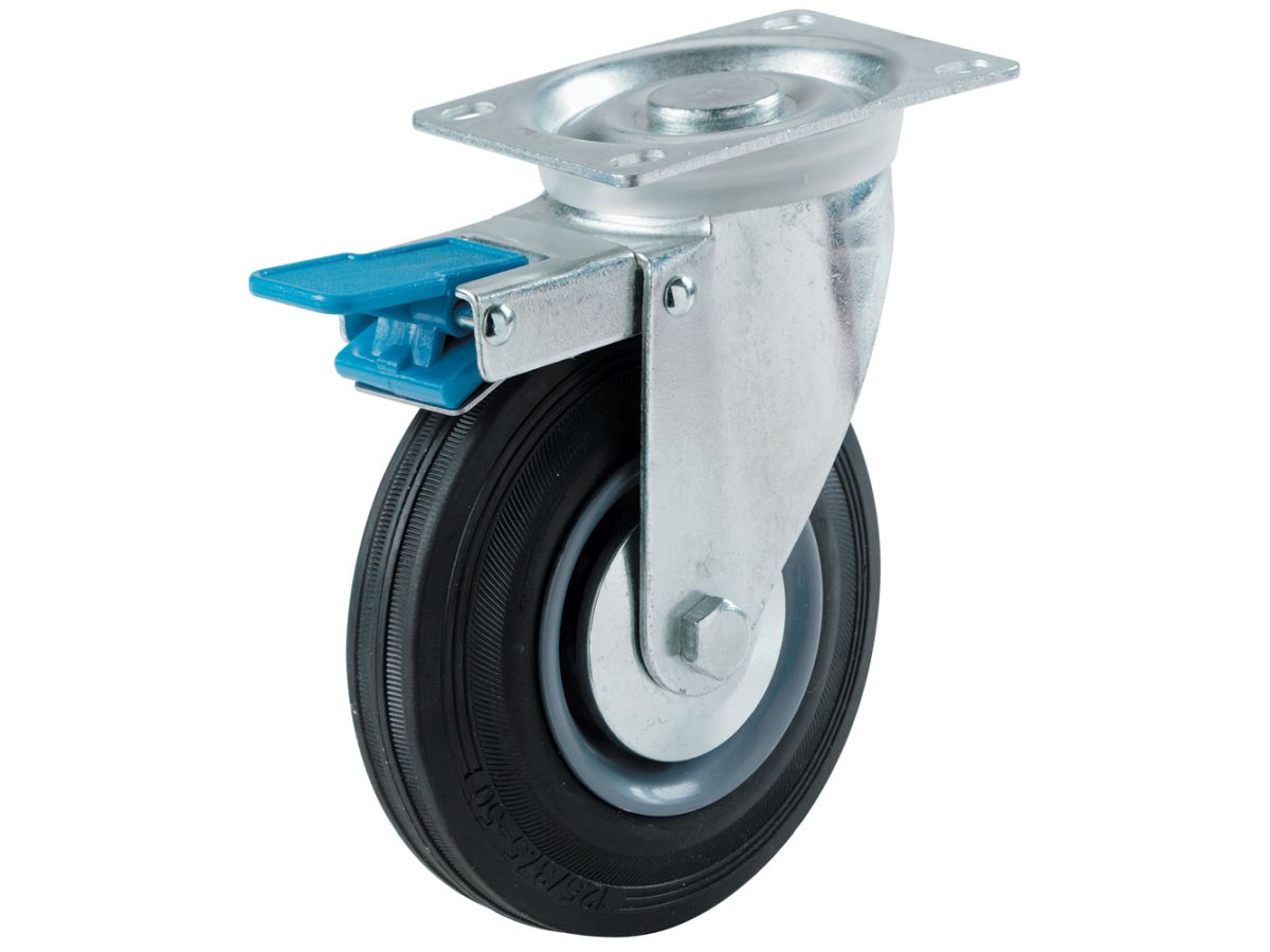 3-Inch Swivel Plate Semi-Elastic Rubber Caster with Total Lock Brake, 130-lb Load Capacity