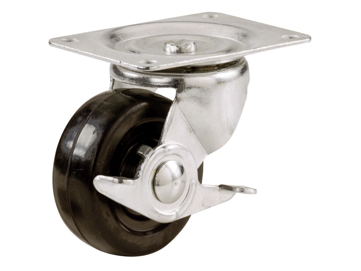 2-1/2-Inch Soft Rubber Swivel Plate Caster with Side Brake, 100-lb Load Capacity