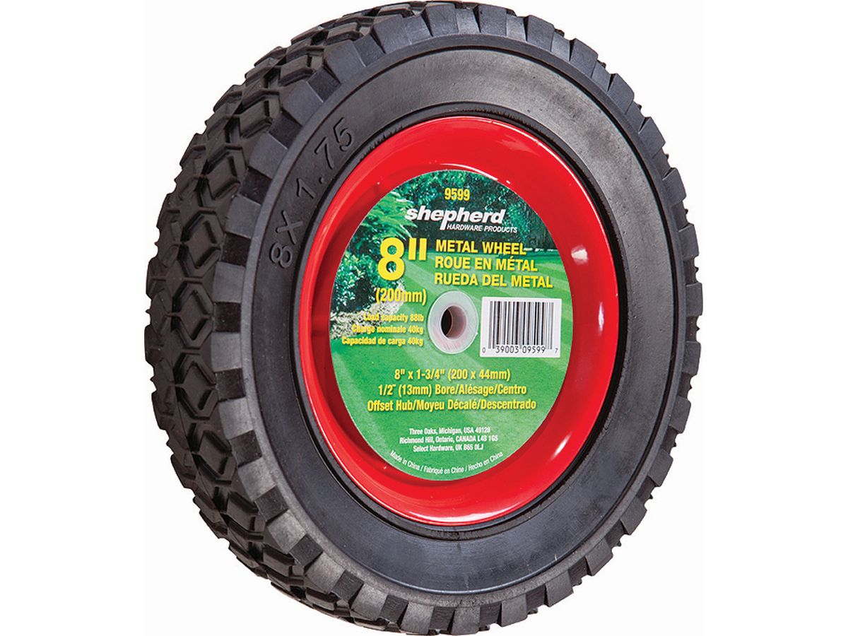 8-Inch Semi-Pneumatic Rubber Tire, Steel Hub with Ball Bearings, Diamond Tread, 1/2-Inch Bore Offset Axle