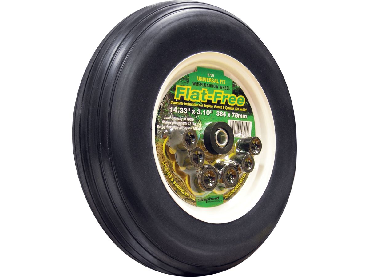 14-Inch Flat Free Tire, 3-Inch Ribbed Tread, Universal Fit with Spacers and Bushings