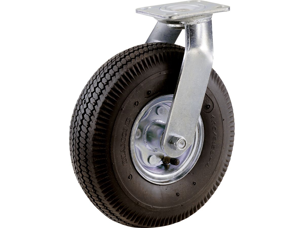 10-Inch Pneumatic Caster Wheel, Swivel Plate, Steel Hub with Ball Bearings, 5/8-Inch Bore Centered Axle
