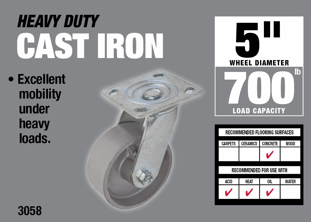 5 Inch Cast Iron Swivel Caster, 800-lb Load Capacity