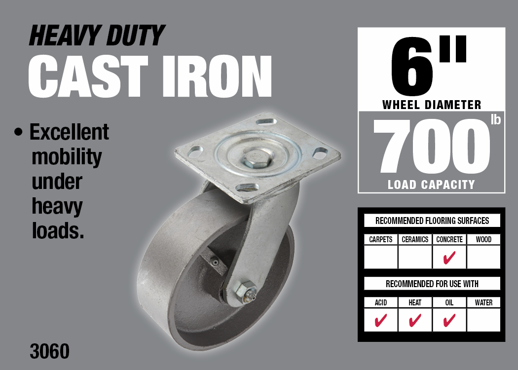 6 Inch Cast Iron Swivel Caster, 900-lb Load Capacity