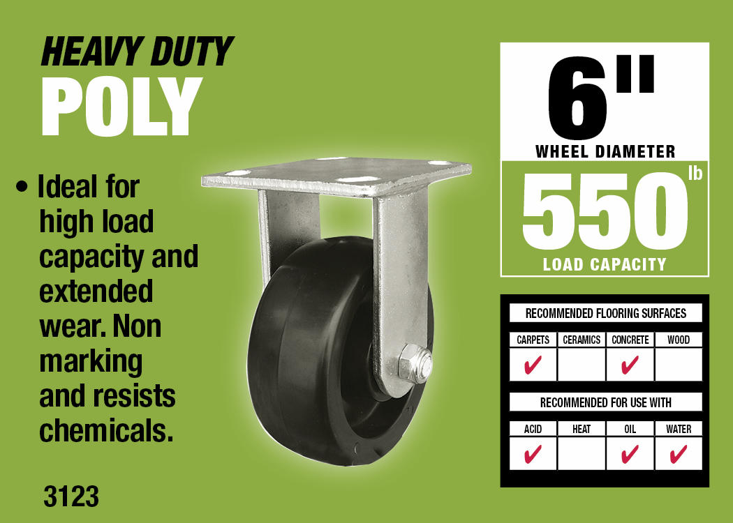 6-Inch Polypropylene Wheel Rigid Plate Caster, 500-lb Load Capacity