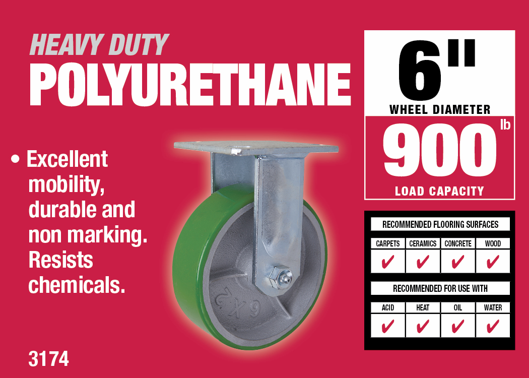 6-Inch Polyurethane Rigid Caster, 900-lb Load Capacity