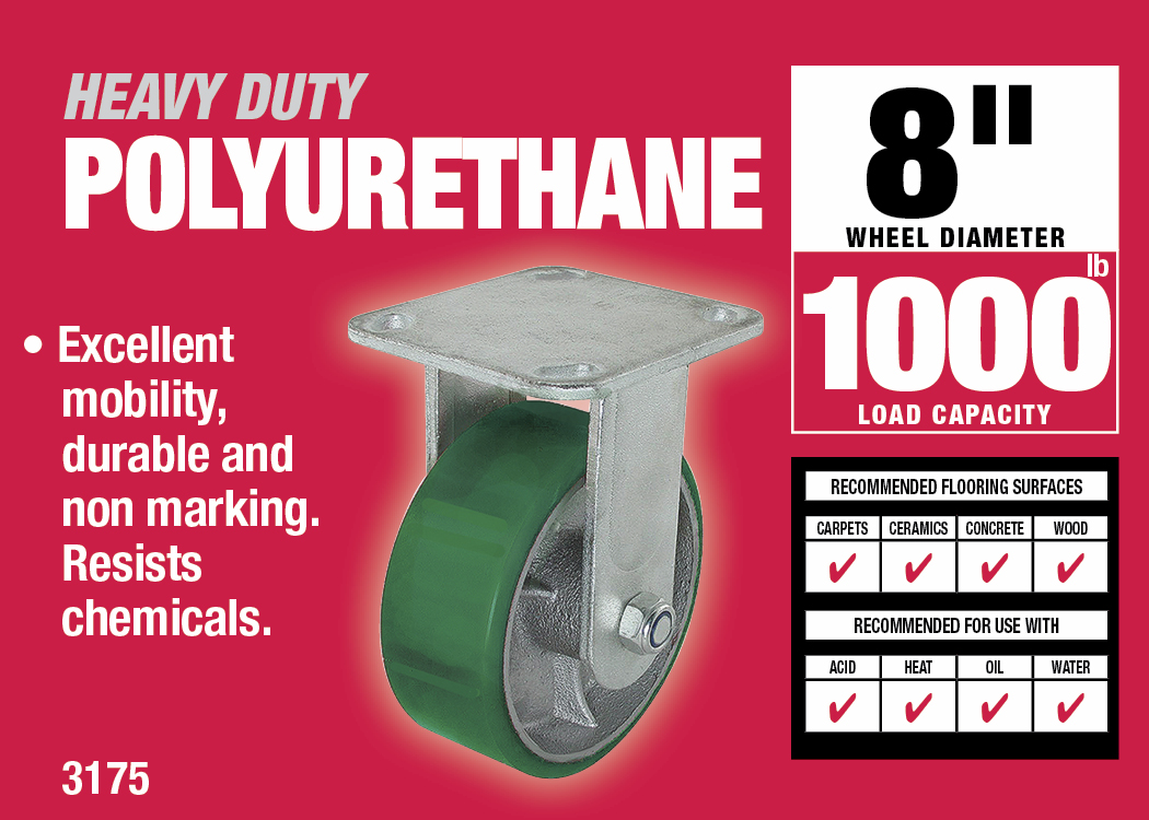 8-Inch Polyurethane Rigid Caster, 1000-lb Load Capacity