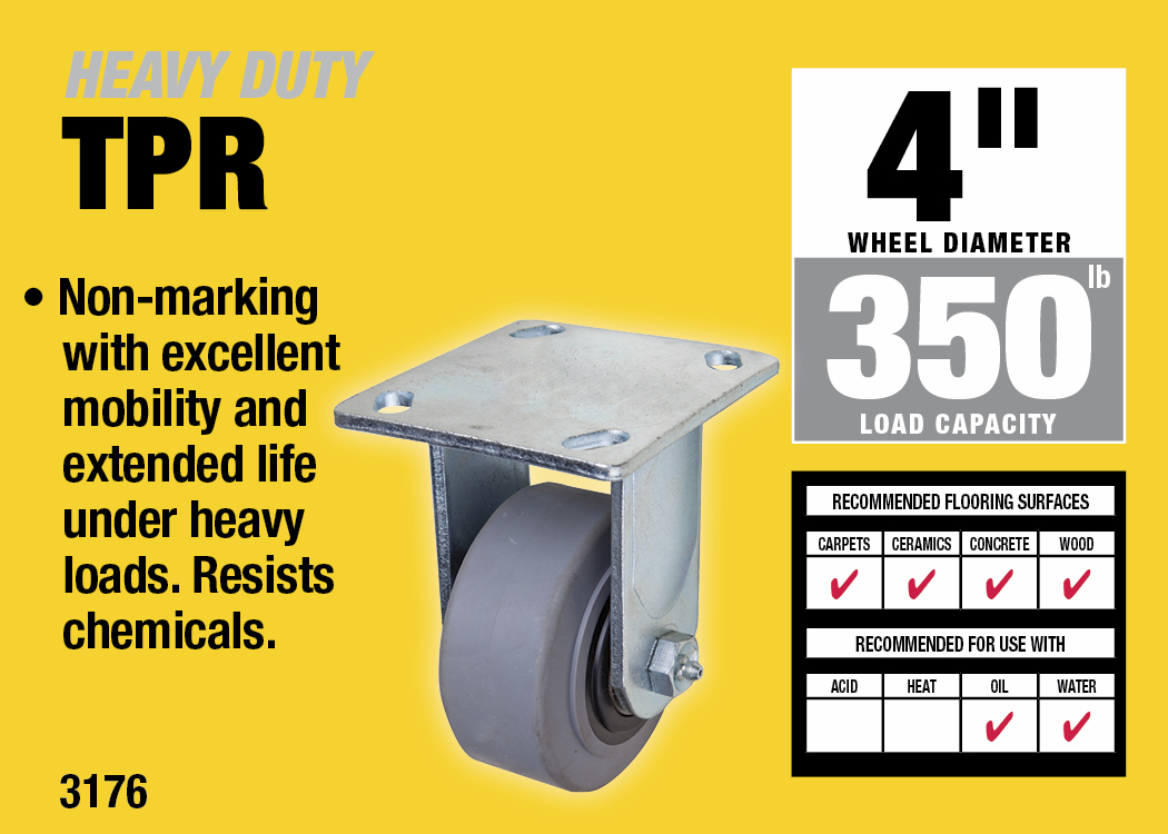 4-Inch Rubber Wheel on Polypropylene Hub Rigid Caster, 300-lb Load Capacity