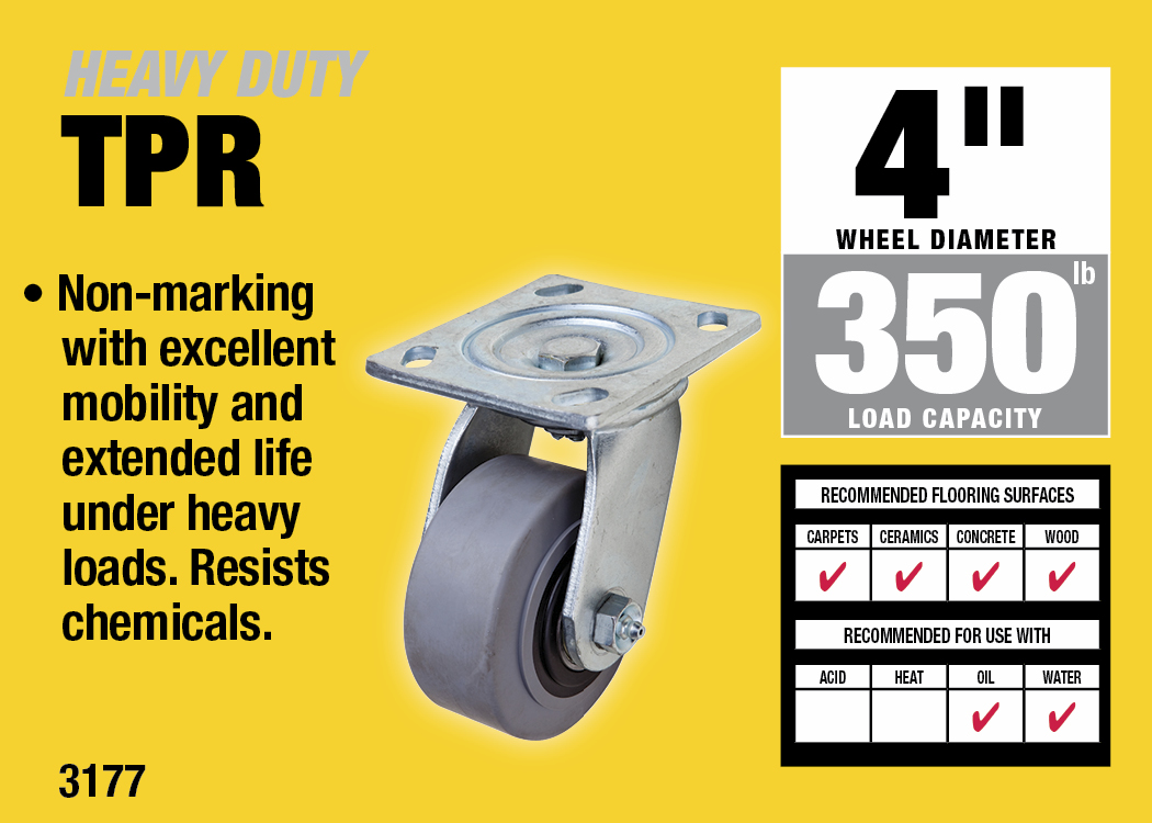 4-Inch Rubber Wheel on Polypropylene Hub Swivel Caster, 300-lb Load Capacity