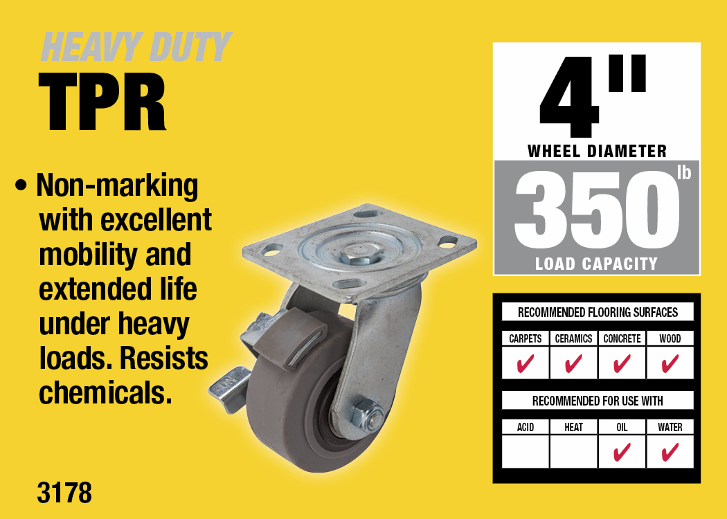 4-Inch Rubber Wheel on Polypropylene Hub Swivel w/Brake Caster, 300-lb Load Capacity