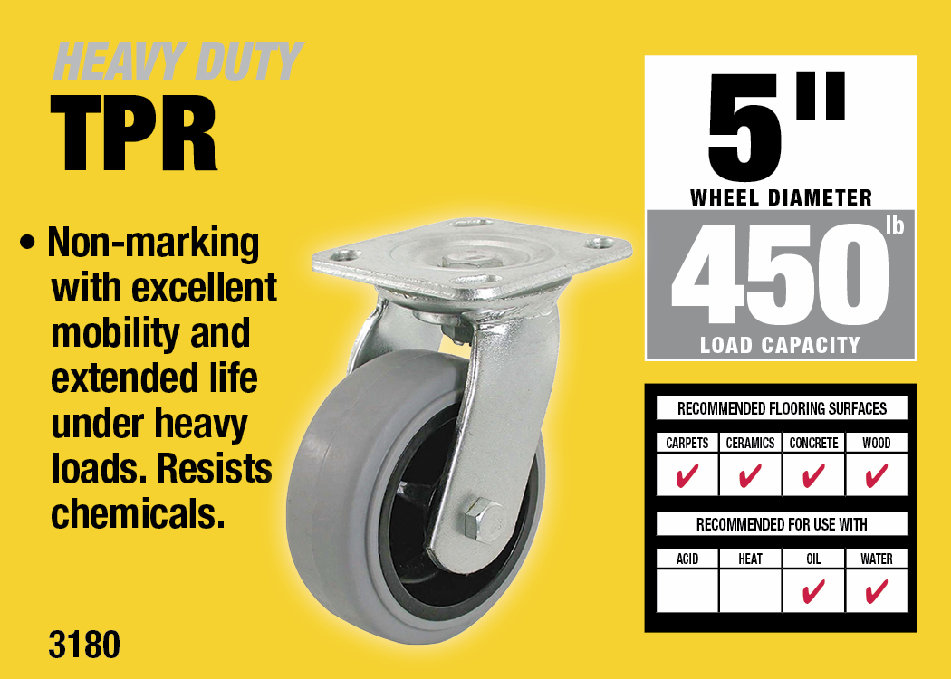 5-Inch Thermoplastic Swivel Caster, 450-lb Load Capacity