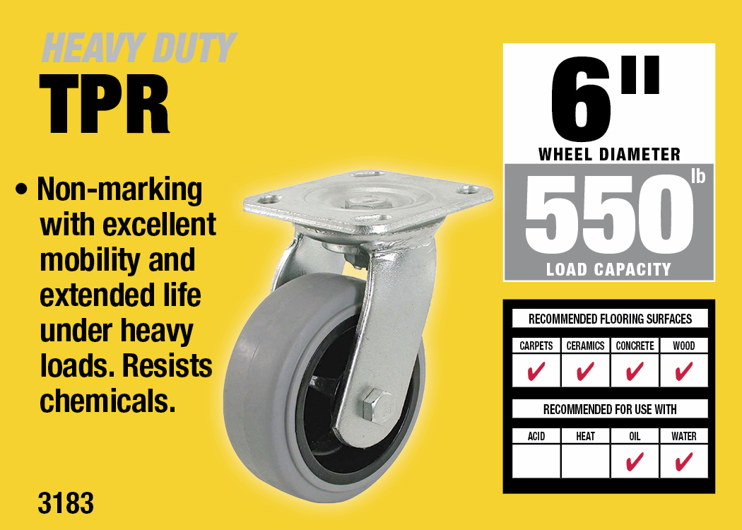 6-Inch Thermoplastic Swivel Caster, 550-lb Load Capacity