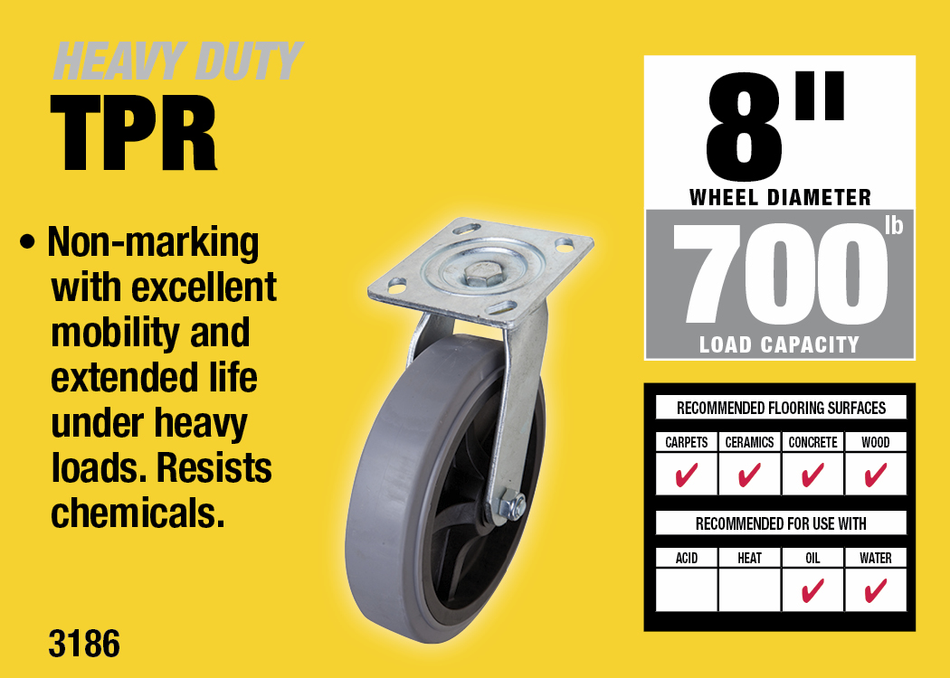 8-Inch Thermoplastic Swivel Caster, 700-lb Load Capacity