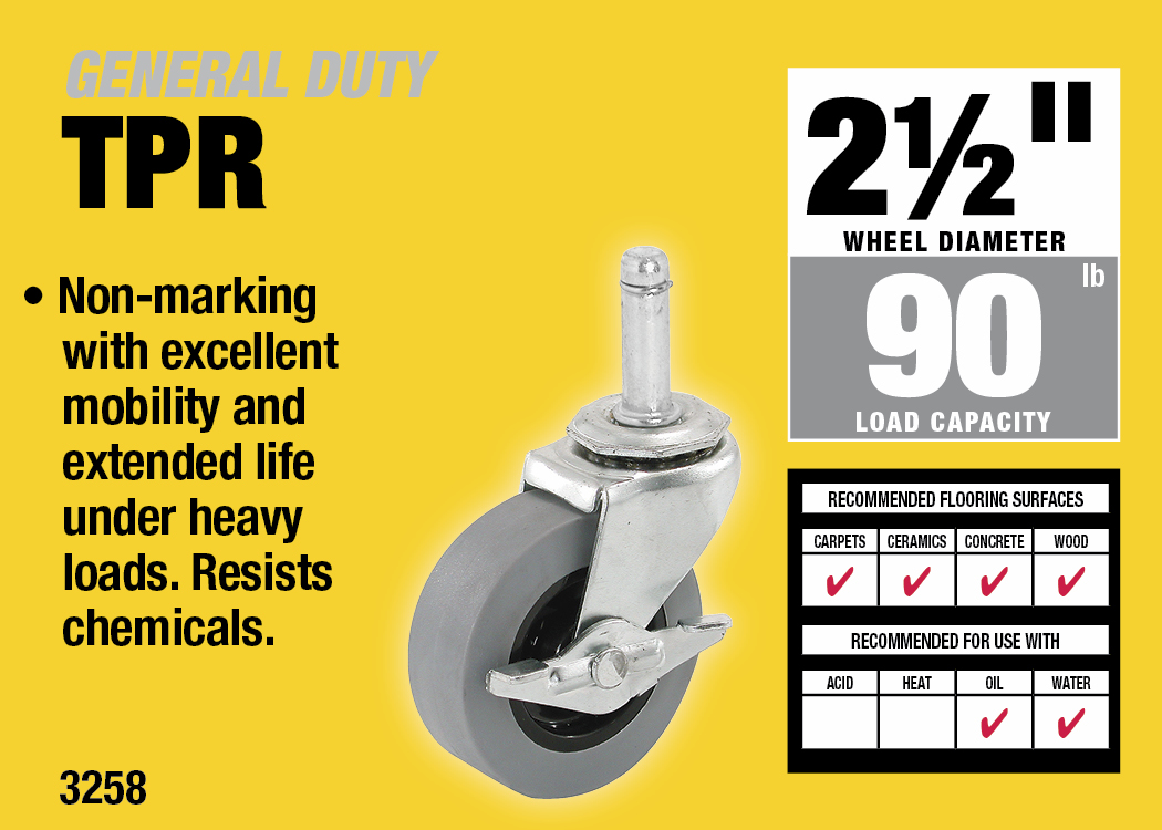 2-1/2-Inch Thermoplastic Swivel Caster, 90-lb Load Capacity