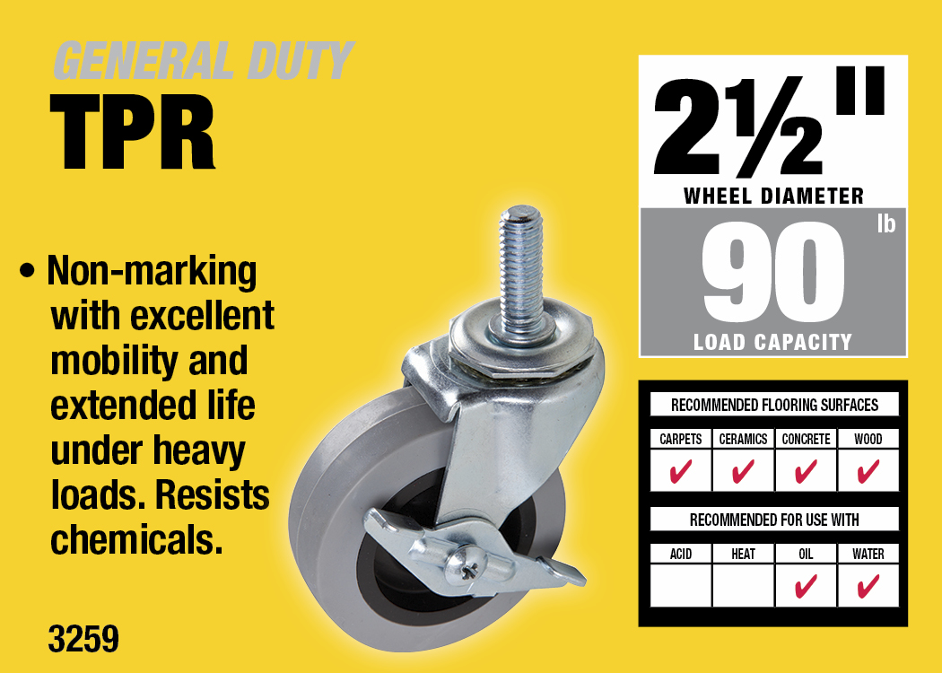 2-1/2-Inch Threaded Stem TPR Caster with Brake, 90-lb Load Capacity