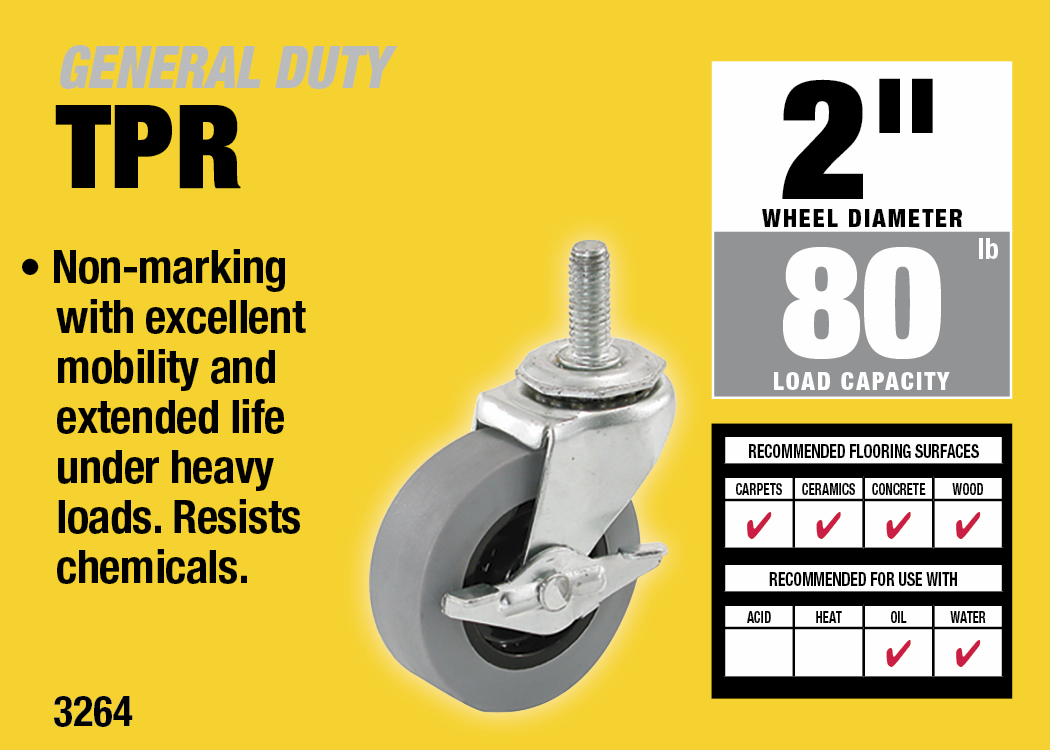 2-Inch Threaded Stem TPR Caster with Brake, 80-lb Load Capacity