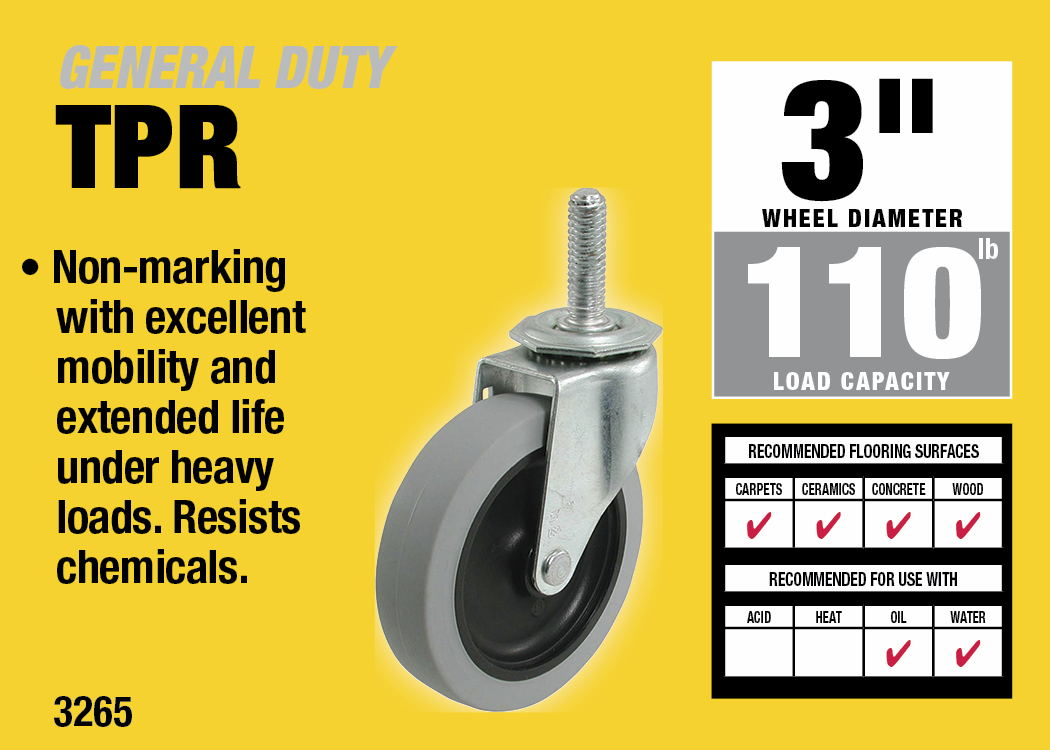 3-Inch Threaded Stem TPR Caster, 110-lb Load Capacity