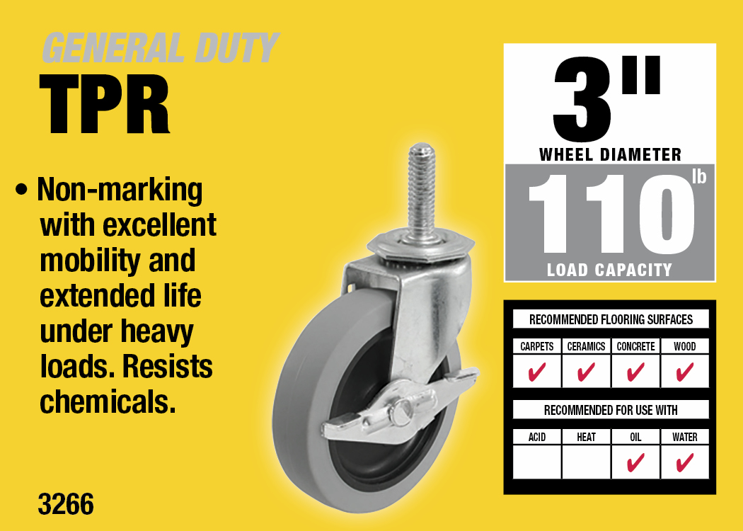 3-Inch Threaded Stem TPR Caster with Brake, 110-lb Load Capacity