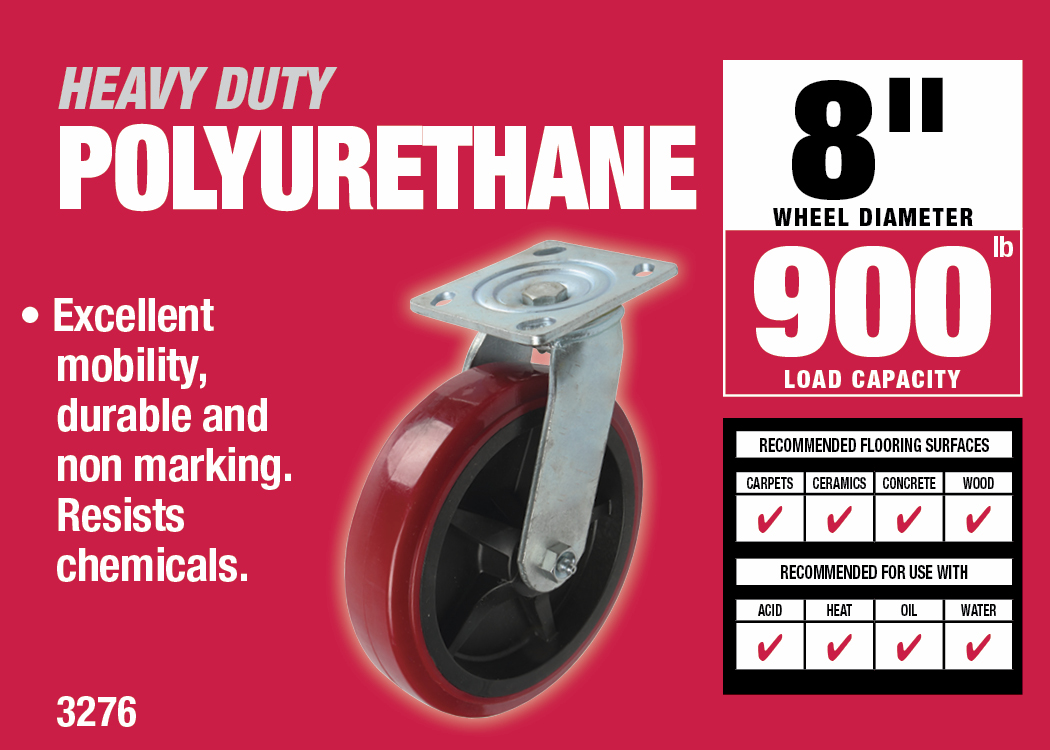 8-Inch Polyurethane Swivel Caster, 900-lb Load Capacity