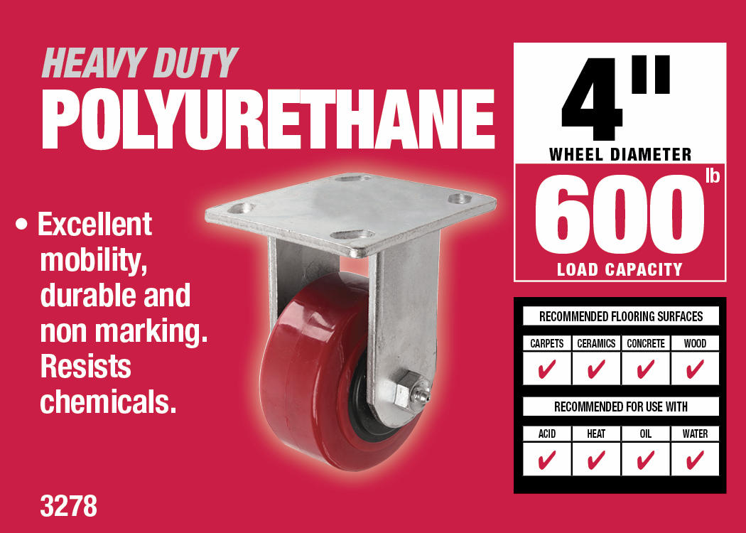 4-Inch Polyurethane Rigid Caster, 600-lb Load Capacity