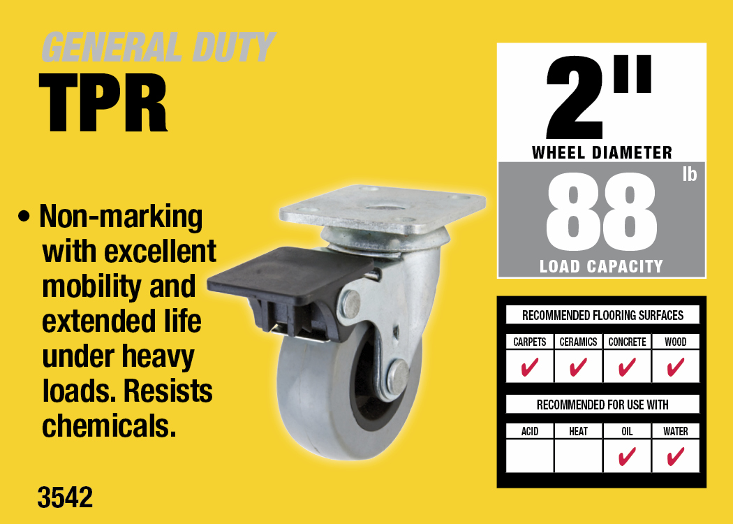 2-Inch Medium Duty Plate Caster with Brake, 88-lb Load Capacity