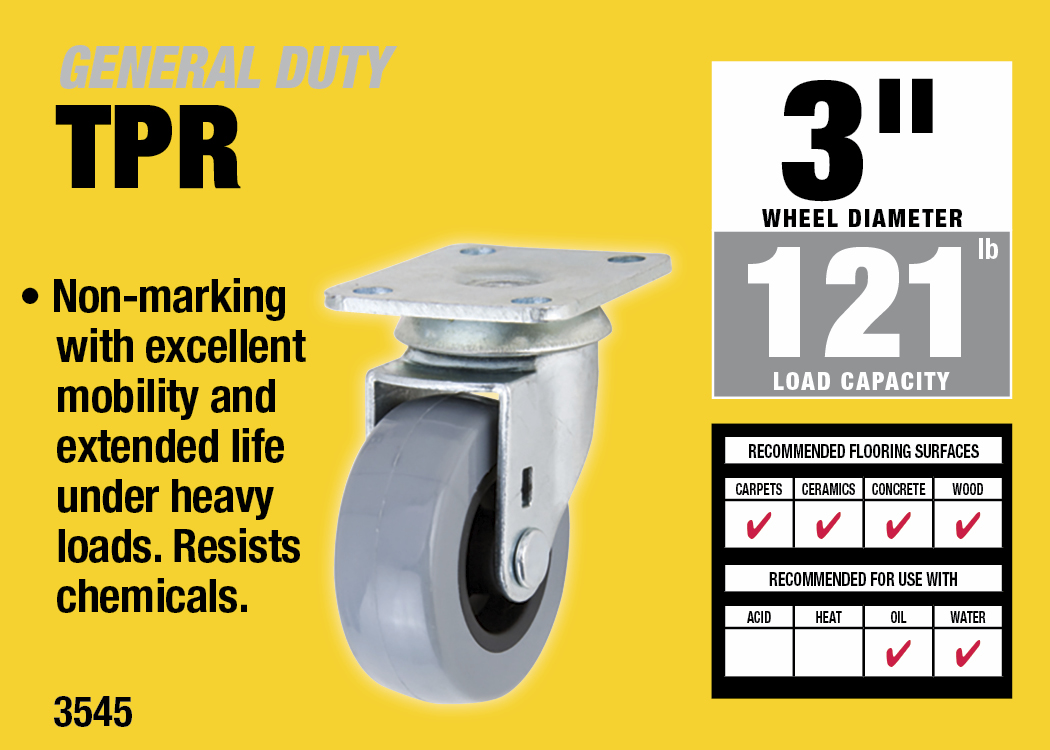 3-Inch Medium Duty Plate Caster, 121-lb Load Capacity