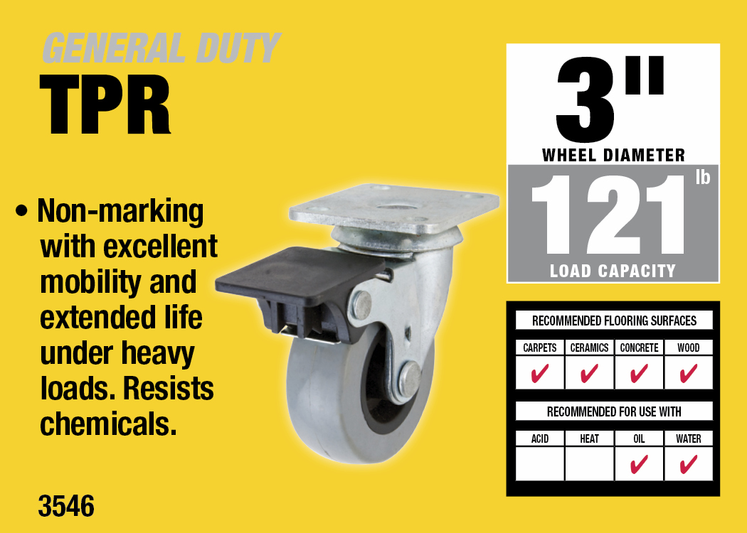 3-Inch Medium Duty Plate Caster with Brake, 121-lb Load Capacity