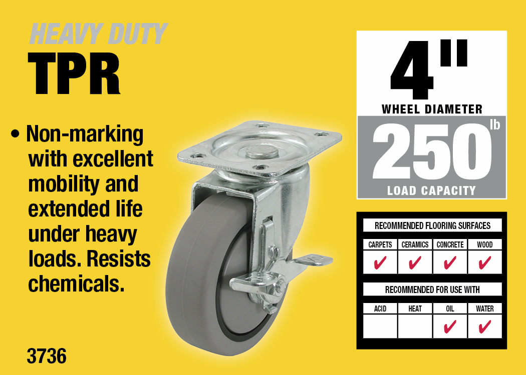 4-Inch Thermoplastic Swivel Caster with Brake, 250-lb Load Capacity