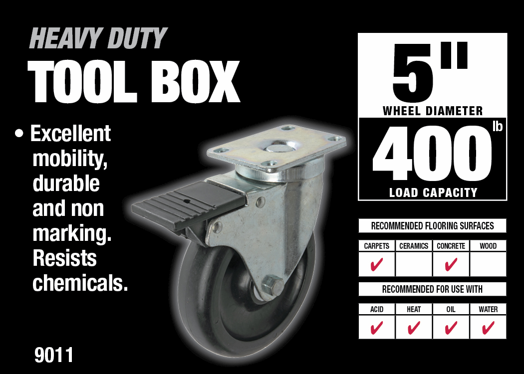 400 Series 5-Inch Tool Box Swivel Plate Caster with Brake, 400-lb Load Capacity