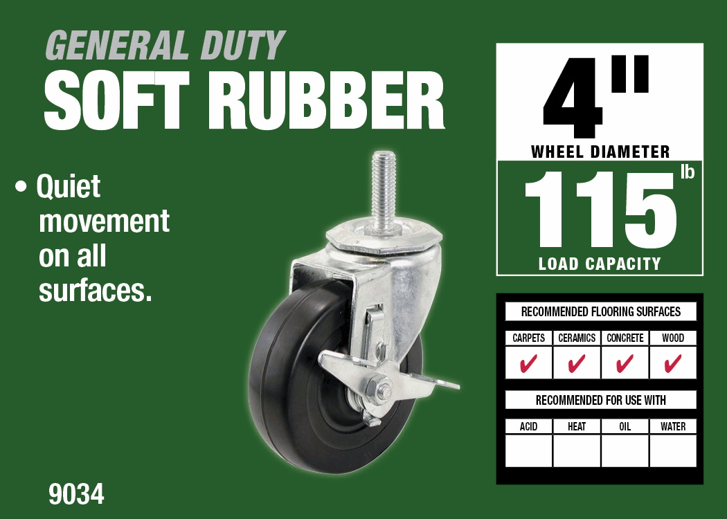 4-Inch Swivel w/Brake Threaded Stem Soft Rubber Caster, 115-lb Load Capacity
