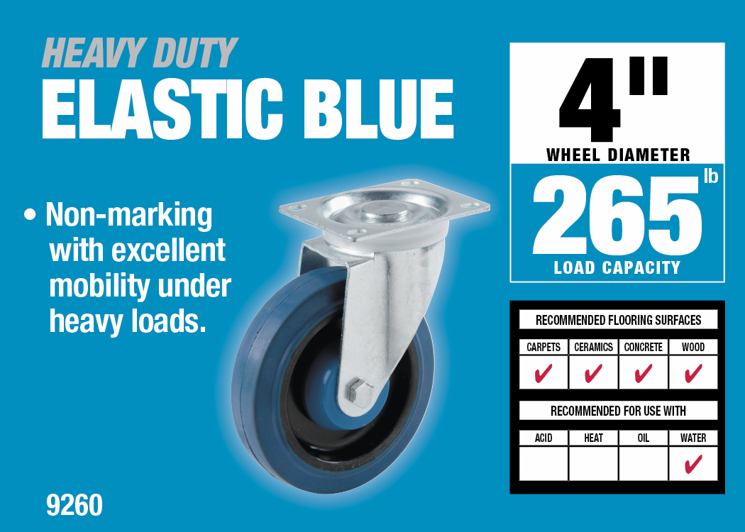 4-Inch Swivel Plate Elastic Blue Rubber Caster, 265-lb Load Capacity