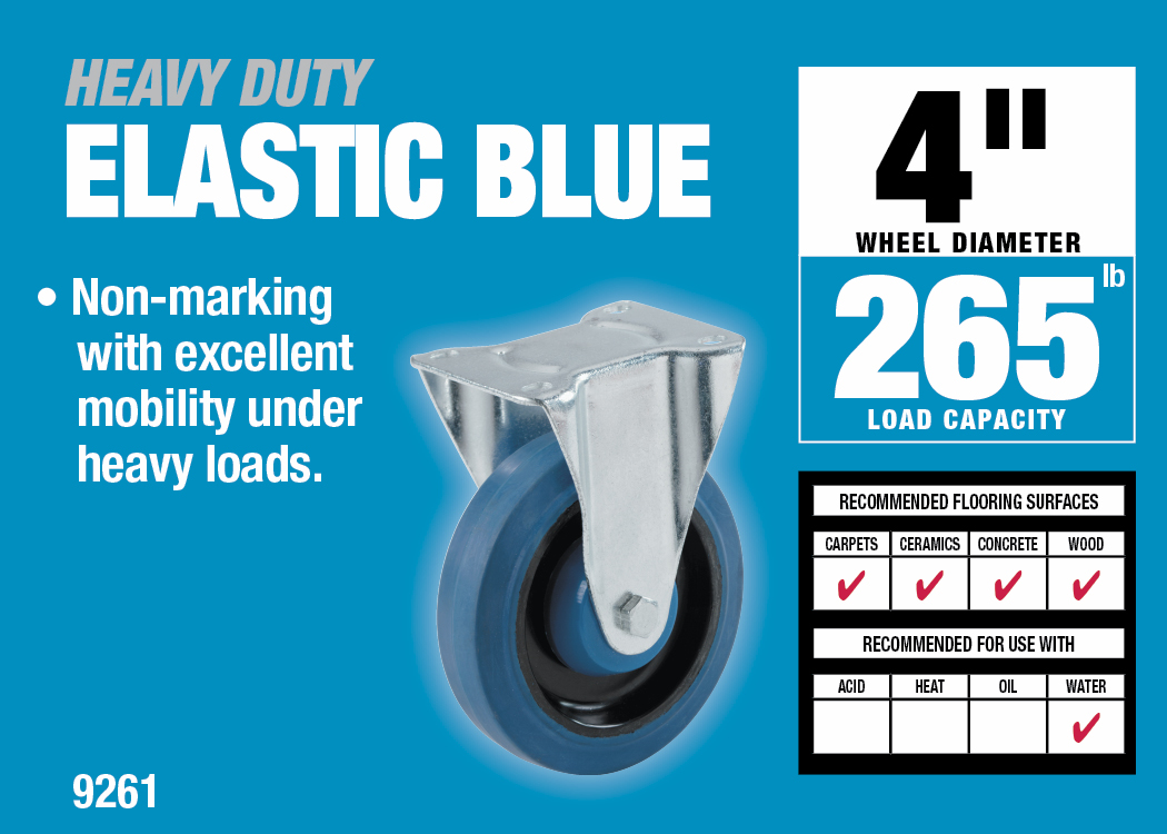 4-Inch Rigid Plate Elastic Blue Rubber Caster, 265-lb Load Capacity