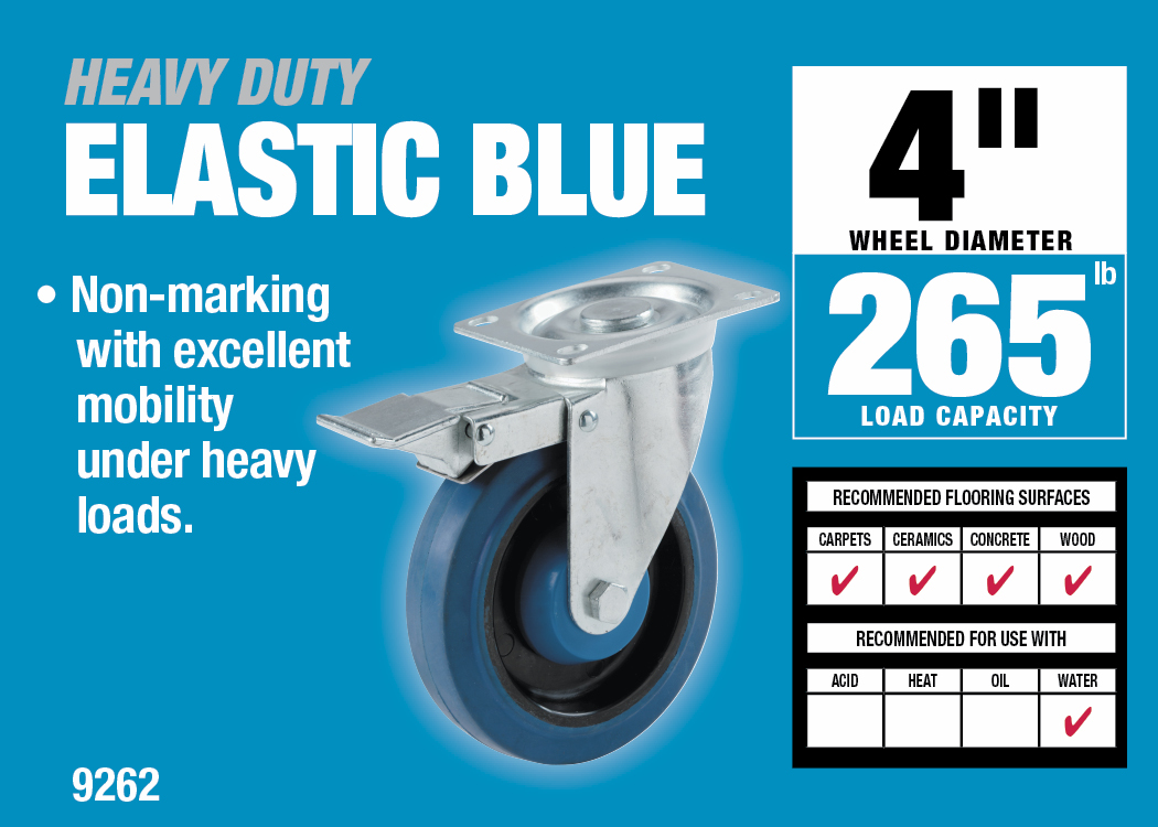 4-Inch Swivel Plate Elastic Blue Rubber Caster with Brake, 265-lb Load Capacity