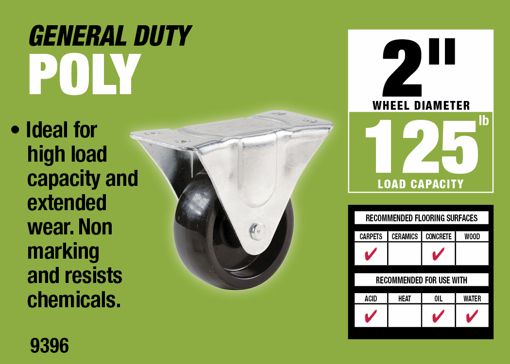 2-Inch Rigid Plate Polypropylene Caster, 125-lb Load Capacity