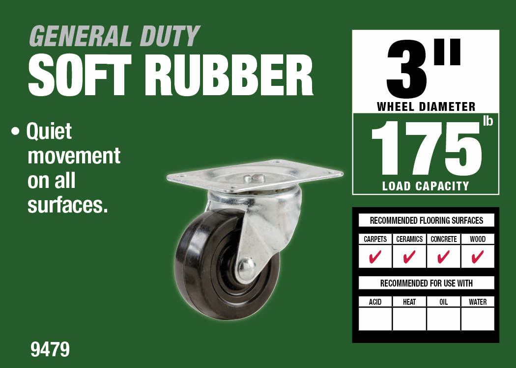 3-Inch Swivel Plate Soft Rubber Caster, 175-lb Load Capacity