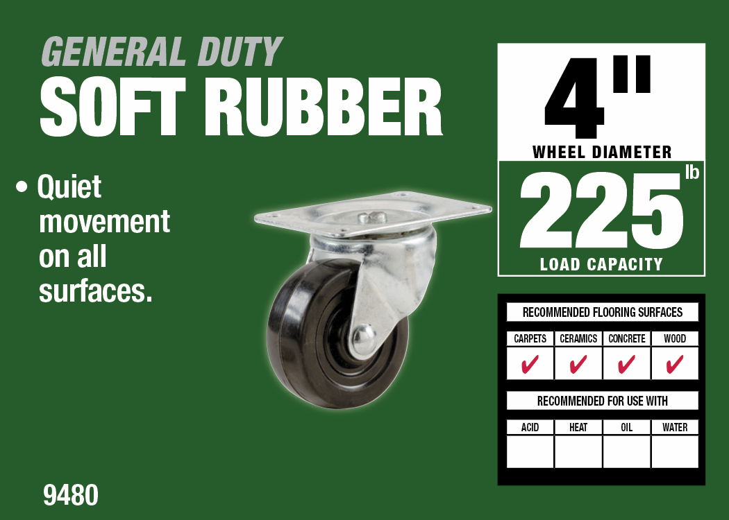 4-Inch Swivel Plate Soft Rubber Caster, 225-lb Load Capacity
