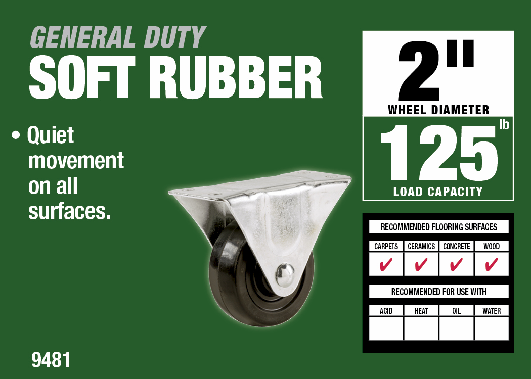 2-Inch Rubber Rigid Plate Caster, 90-lb Load Capacity