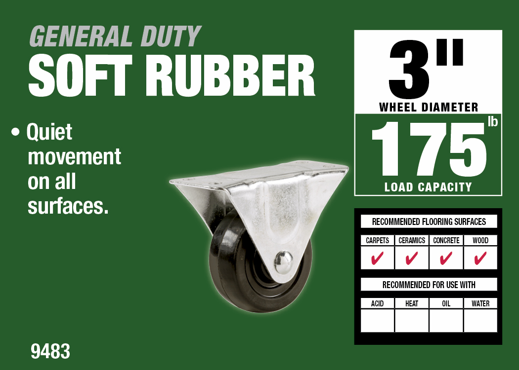 3-Inch Soft Rubber Rigid Plate Caster, 175-lb Load Capacity