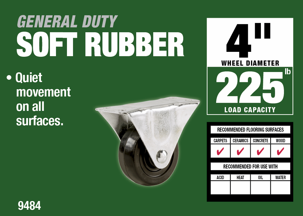 4-Inch Rigid Plate Soft Rubber Caster, 225-lb Load Capacity
