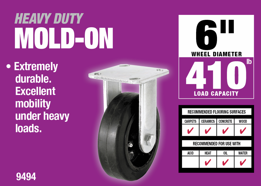 1400-Series 6-Inch Mold-On Rubber Rigid Plate Caster, 410-lb Load Capacity