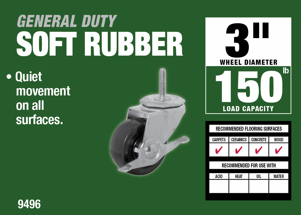 3-Inch Threaded Stem Soft Rubber Caster with Side Brake, 3/8-Inch Stem Diameter, 150-lb Load Capacity