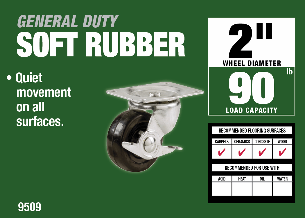 2-Inch Soft Rubber Swivel Plate Caster with Side Brake, 90-lb Load Capacity