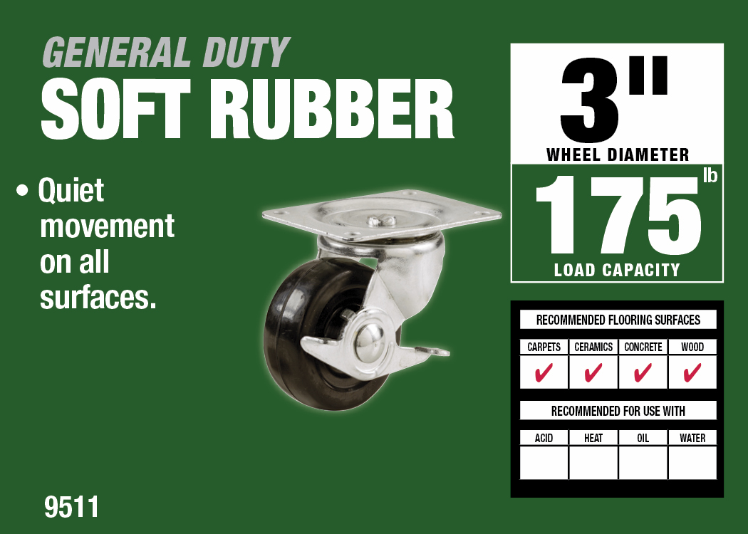 3-Inch Rubber Swivel Plate Caster with Side Brake, 175-lb Load Capacity
