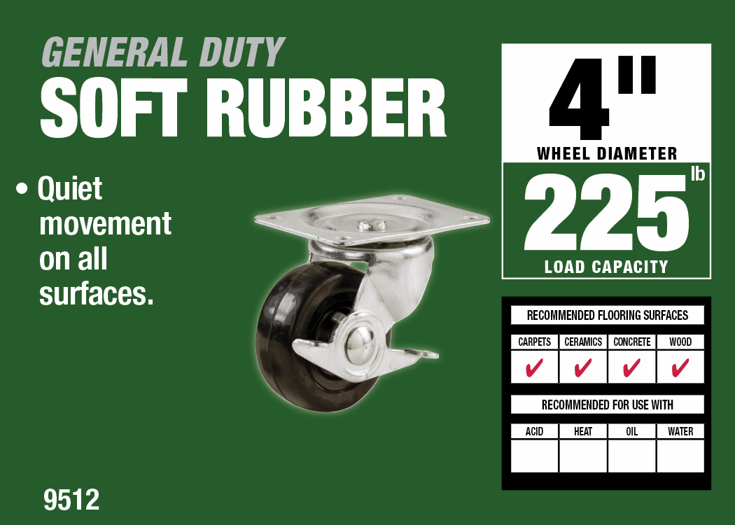 4-Inch Rubber Swivel Plate Caster with Side Brake, 225-lb Load Capacity
