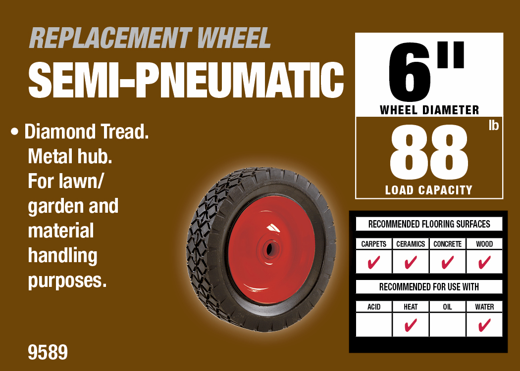 6-Inch Semi-Pneumatic Rubber Tire, Steel Hub with Ball Bearings, Diamond Tread, 1/2-Inch Bore Offset Axle