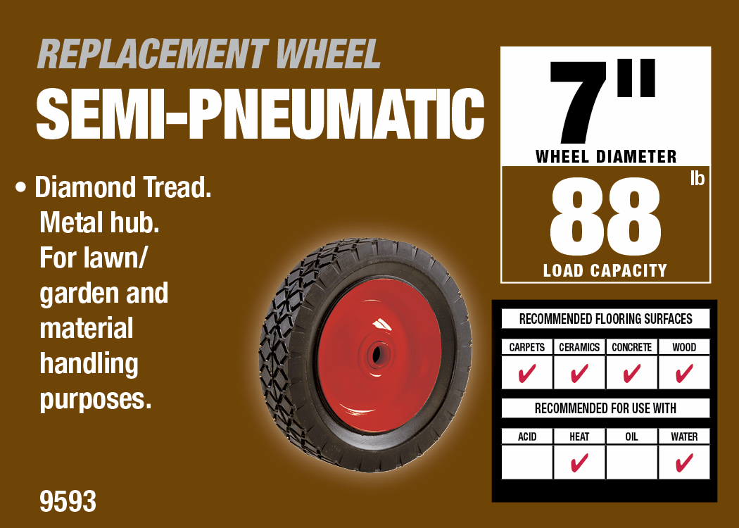 7-Inch Semi-Pneumatic Rubber Tire, Steel Hub with Grafoil Bearings, Diamond Tread, 1/2-Inch Bore Offset Axle