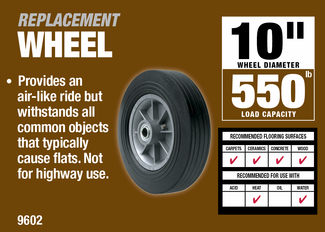 10-Inch Hand Truck Replacement Wheel, Solid Rubber, 2-1/2-Inch Ribbed Tread, 5/8-Inch Bore Offset Axle