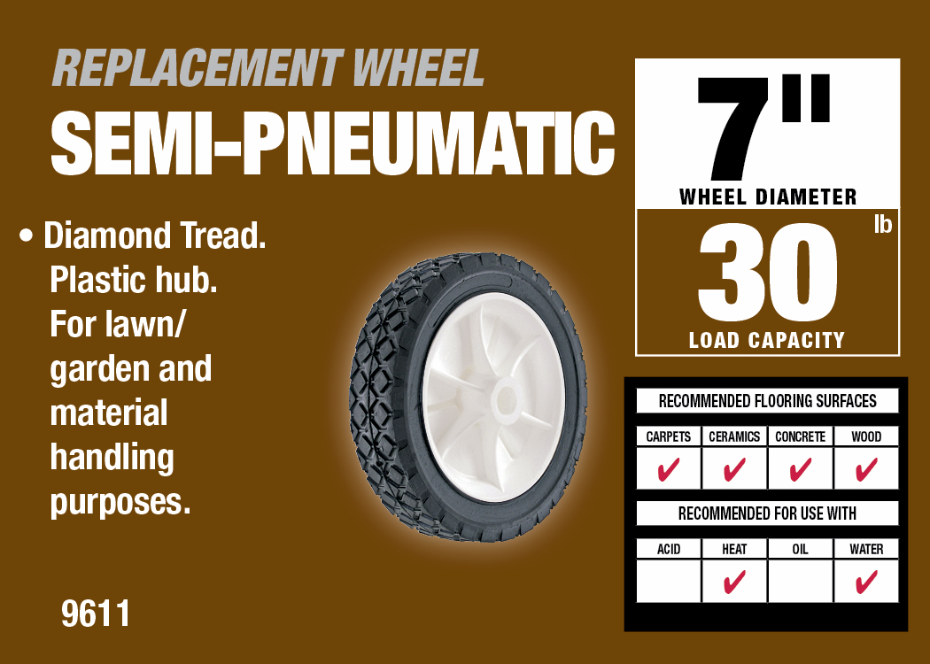 7-Inch Semi-Pneumatic Rubber Replacement Tire, Plastic Wheel, 1-1/2-Inch Diamond Tread, 1/2-Inch Bore Offset Axle