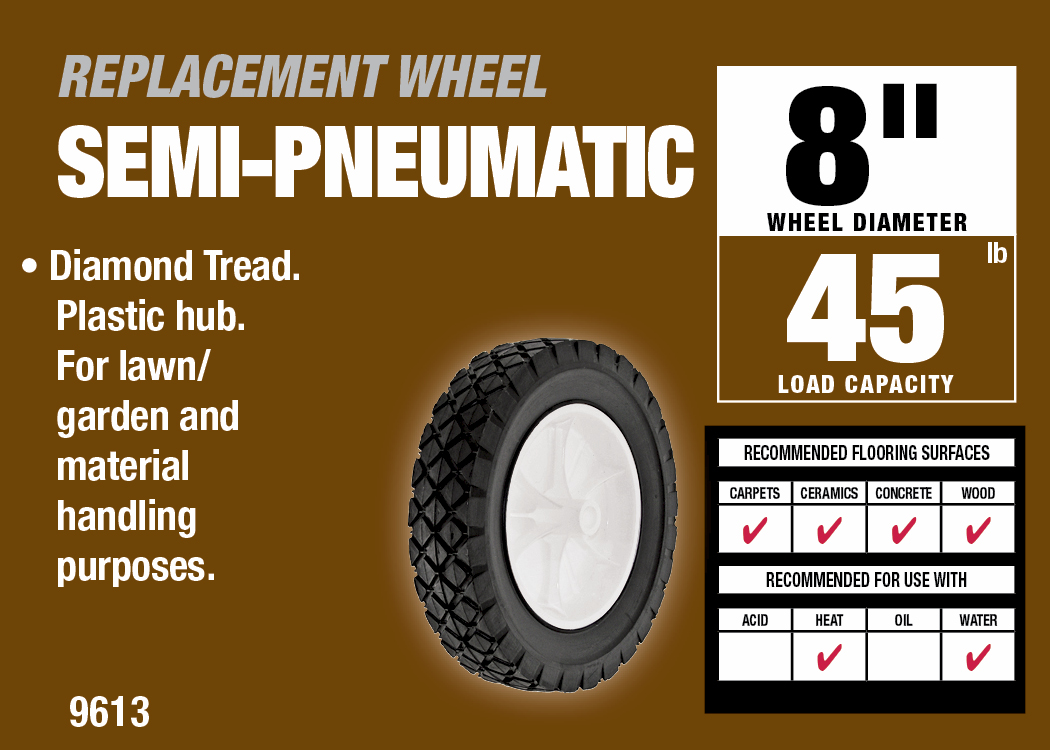 8-Inch Semi-Pneumatic Rubber Replacement Tire, Plastic Wheel, 1-3/4-Inch Diamond Tread, 1/2-Inch Bore Offset Axle