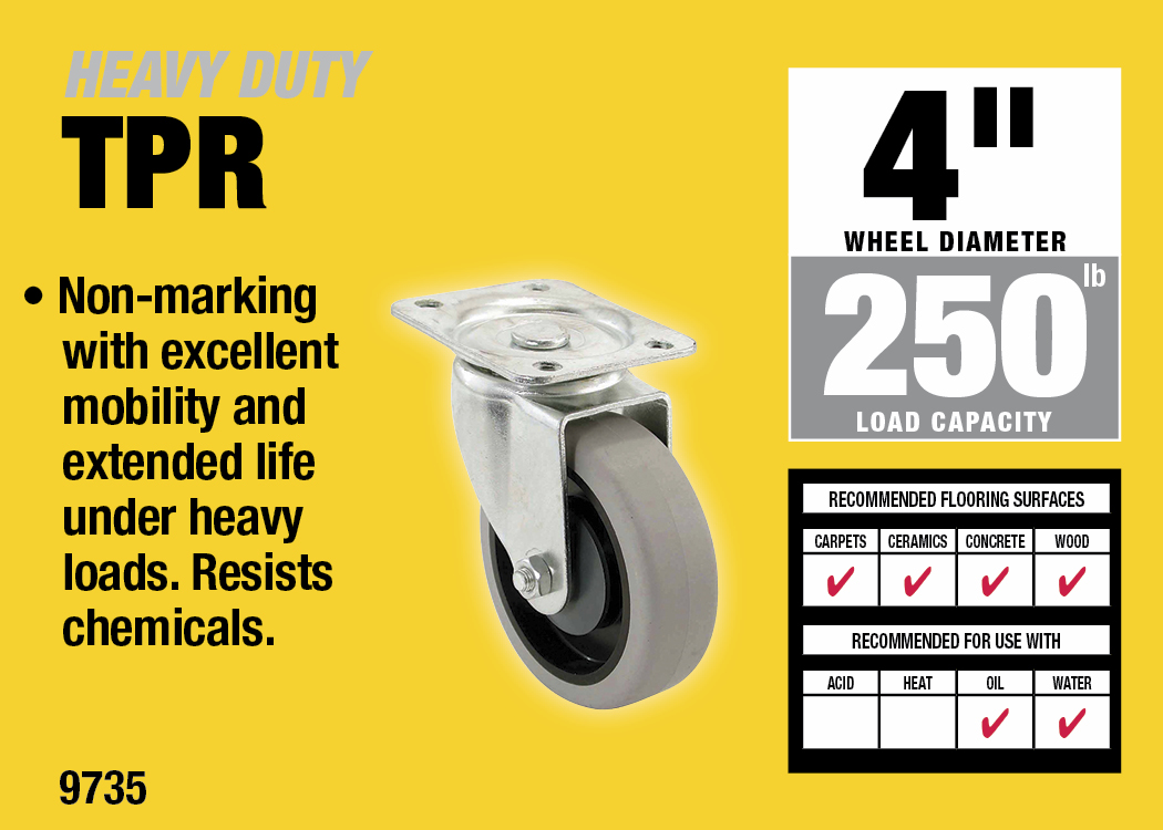 400 Series 4-Inch Swivel Plate Caster, Rubber Wheel, 250-lb Load Capacity